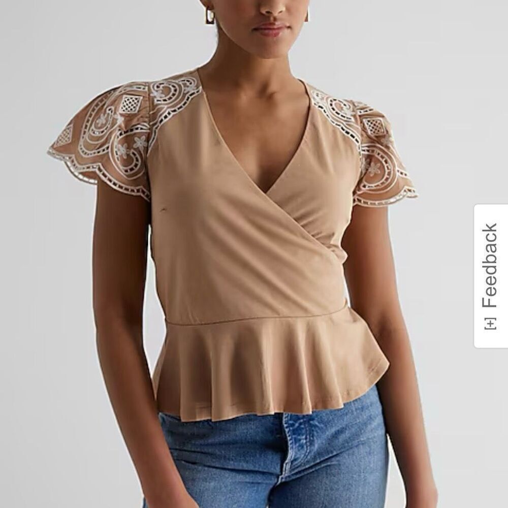 New Express Embroidered Eyelet Flutter Sleeve Peplum Top Size XL pecan tan